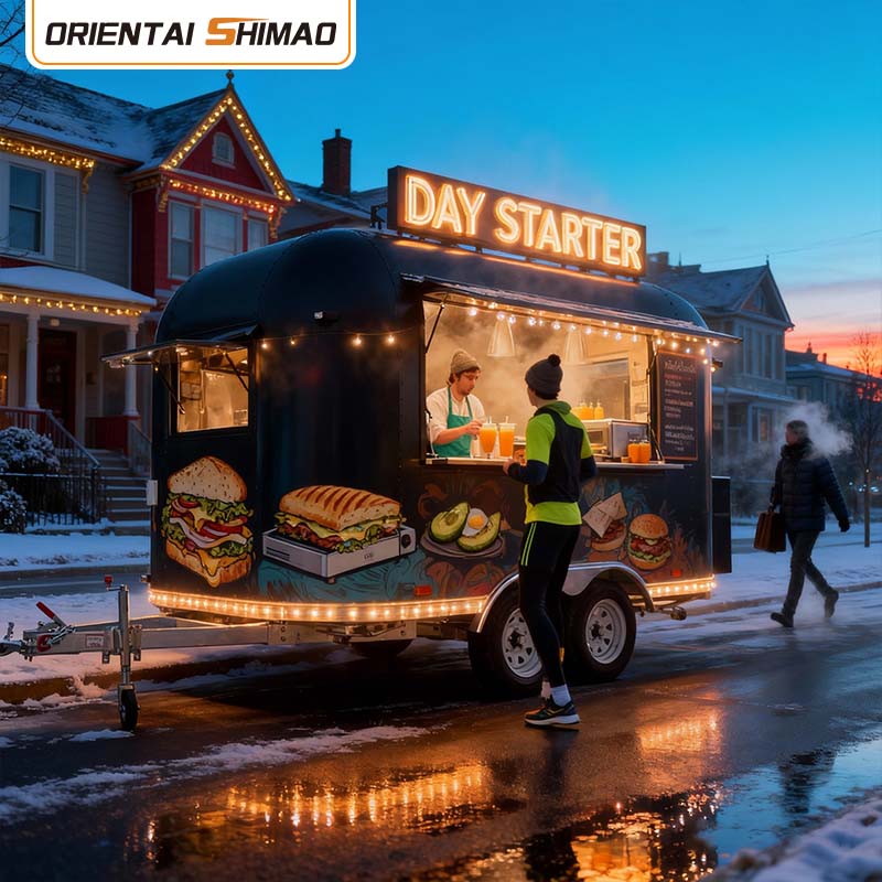 Tráiler de pizza, café y perritos calientes